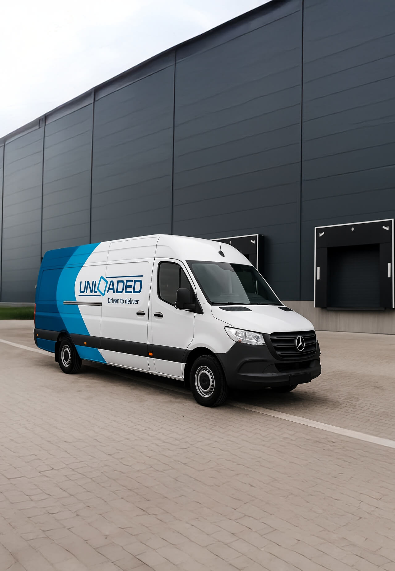 Doručovací dodávka stojící před skladem
