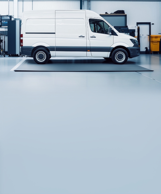 Bílá dodávka v garáži, boční pohled.